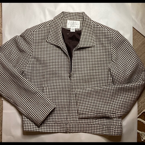 EXPRESS TAILLEUR BROWN HOUNDSTOOTH LINED CROPPED ZIP JACKET SZ. 7/8 - Picture 2 of 9